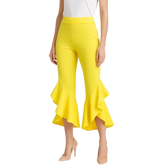 ME Boutiques Private Label Collection Pants - Bold Yellow Flared Ruffle Crop Stretch Pants